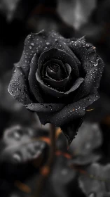 Velvet black rose kissed by soft glistening raindrops.
