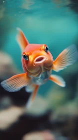 Goldfish portrait captures curious gaze in turquoise water.