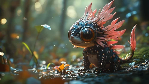 Small amphibious creature with coral appendages stands in forest