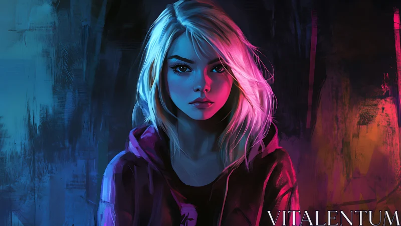 Neon lit portrait of blonde woman in dark abstract space.
