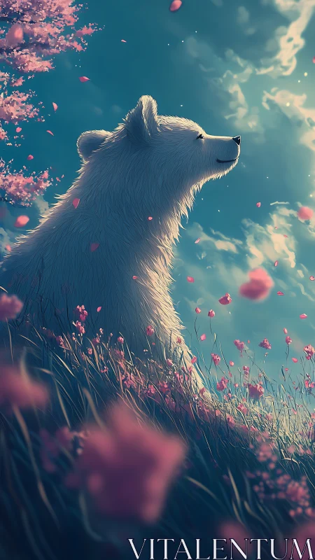 White bear in pink flower field under serene sky.