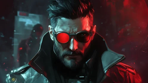 Augmented operative in red-lit tactical cybernetic portrait.