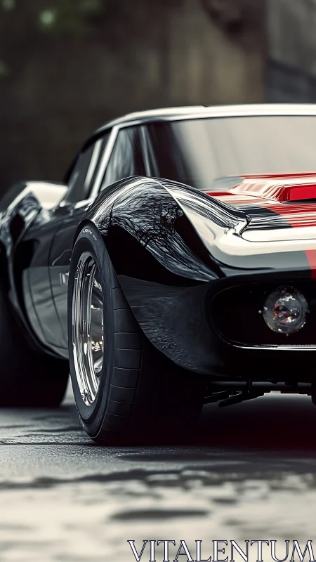Rear three-quarter detail of black classic sports coupe.
