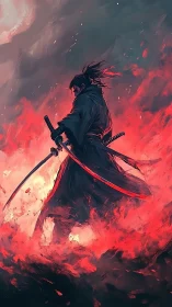 Lone samurai strides through crimson firestorm with drawn blades