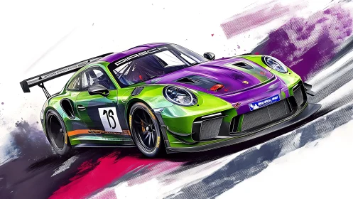 Digital rendering depicts a green and purple GT3 race car