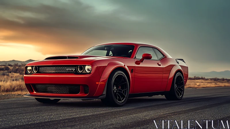 Red muscle car commands an open desert highway at sunset