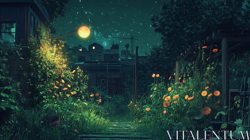 Moon perches on a lamppost above a secret garden lane