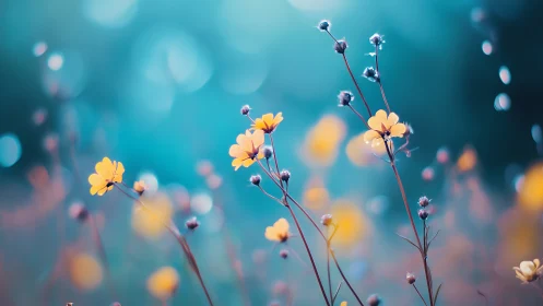Yellow flowers bloom against soft turquoise bokeh backdrop.