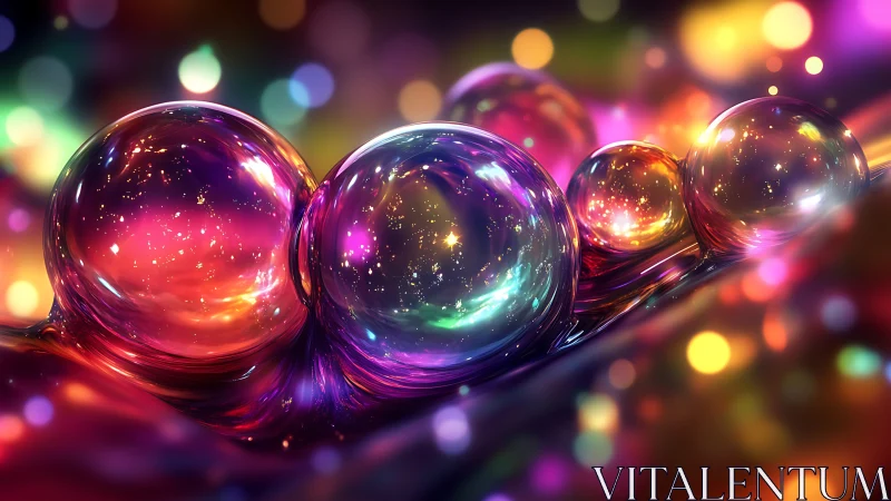 Glowing rainbow orbs sparkling like tiny pocket galaxies.