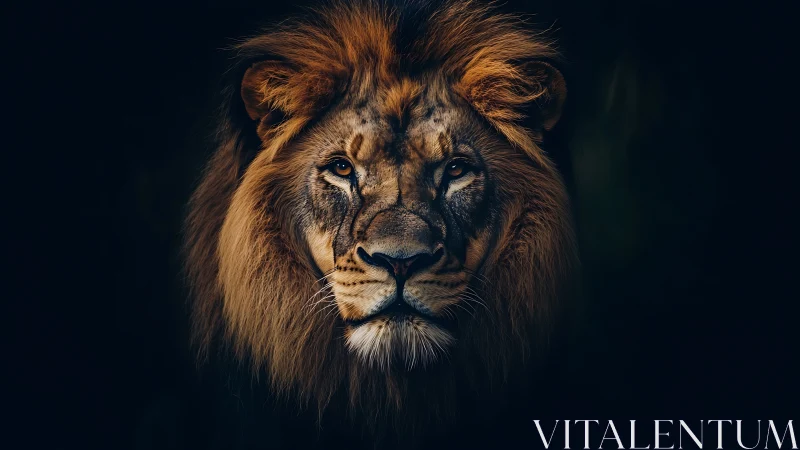 Majestic lion portrait emerges from deep shadowed darkness.