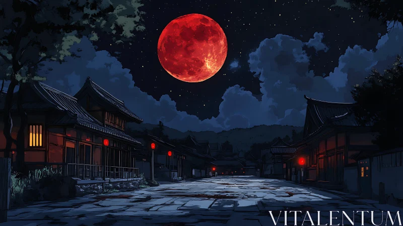 Red lunar disk above empty traditional street at night.