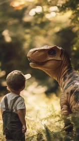 Child studies lifelike dinosaur model in sunlit woodland clearing