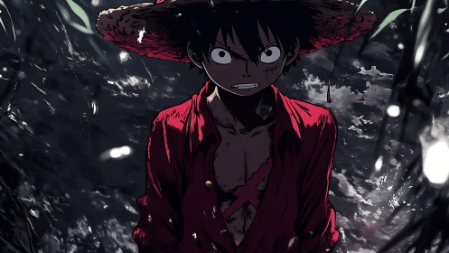 Straw-hatted rogue in stormlit jungle shadows stands defiant.