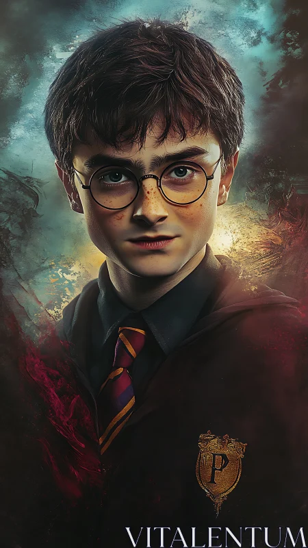 Portrait of young robed student with tie and crest emblem.