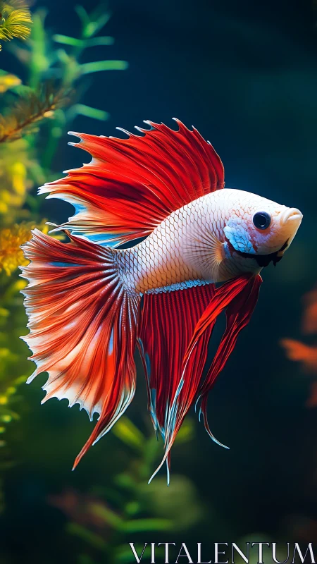 Crimson betta fish with flowing fins in lush aquarium.