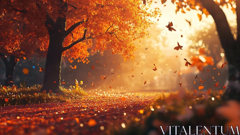 Digital painting of luminous autumn park path in golden haze.