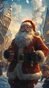 Santa in snowy village square holding gifts at dusk.