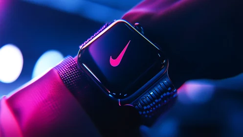 Cyberpunk smartwatch close-up with neon interface glow.