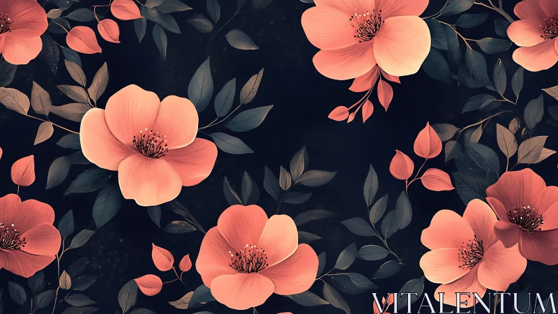 Coral Flowers on Dark Background Pattern.