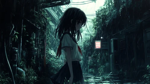Schoolgirl standing in rainy alley with dense urban foliage.