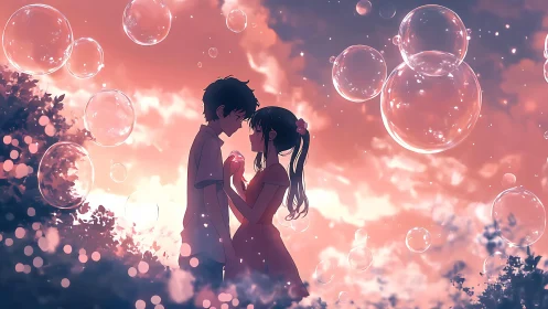Silhouetted anime couple under bubbles at sunset sky.