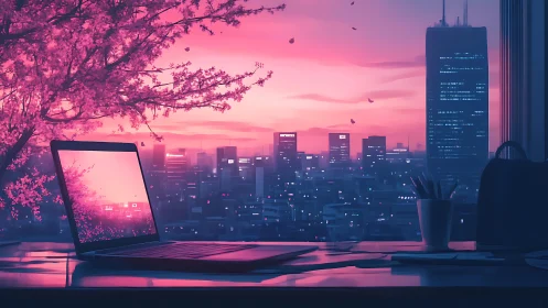 Laptop on desk overlooks neon pink cityscape at dusk