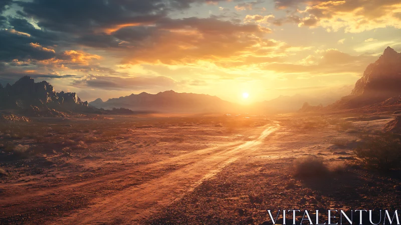 Sunlit desert valley renders volumetric light over arid plain