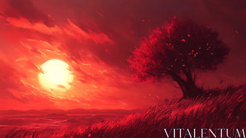 Spectral crimson sunset with wind-sheared tree silhouette field.