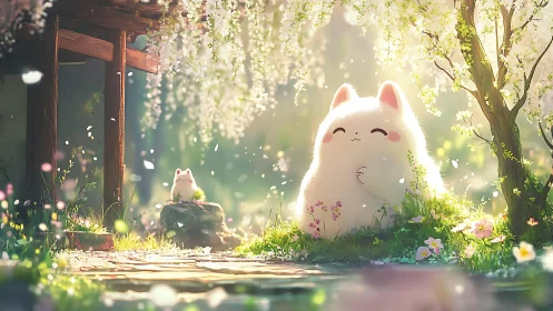 Glow-soft forest spirits rest beneath cascading blossoms