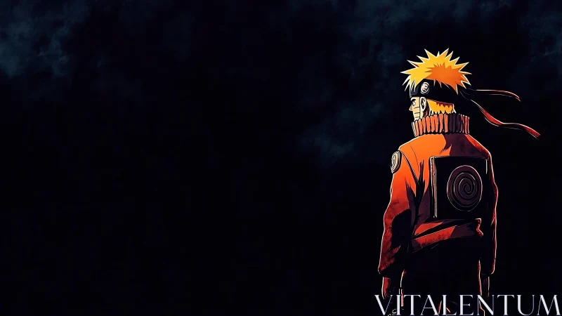 Solitary ninja strides into storm-darkened horizon night.