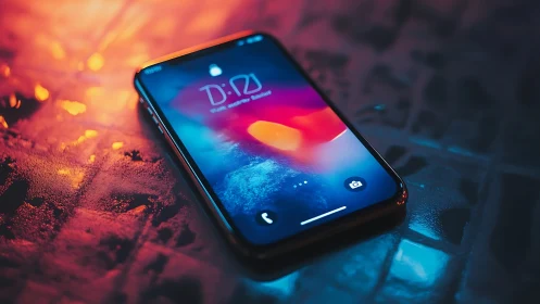 Smartphone glowing with vibrant lock screen amid ambient neon lighting.