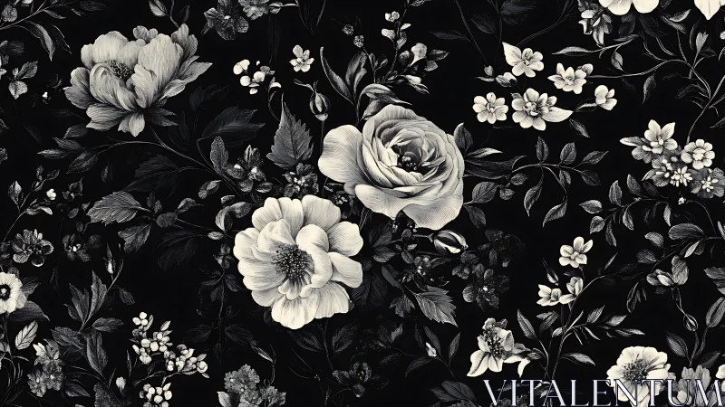 Black and White Floral Pattern with Botanical Engravings