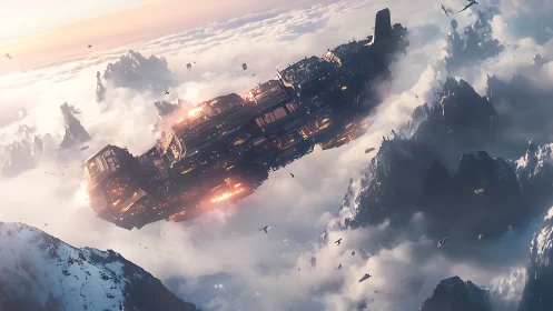 Large spacecraft traversing clouded mountain landscape.