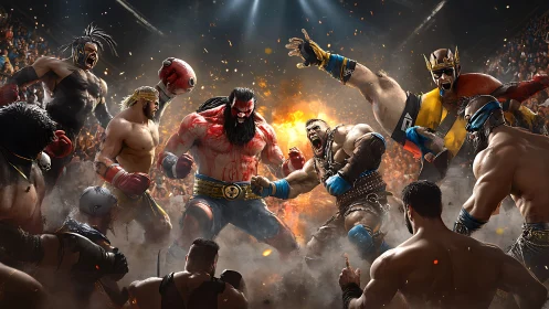 Professional Wrestling Performance Scene with Multiple Athletes