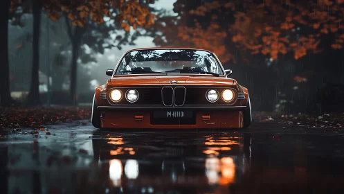 Orange classic BMW coupe on wet autumn forest road.