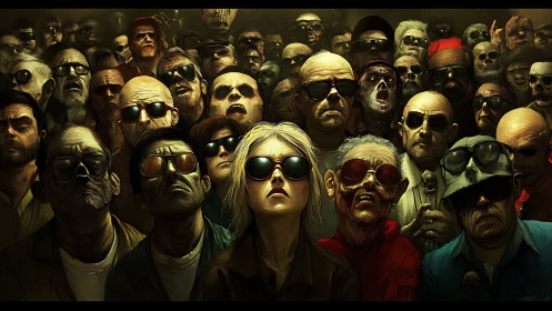 Crowd of distorted faces in sunglasses stare upward together