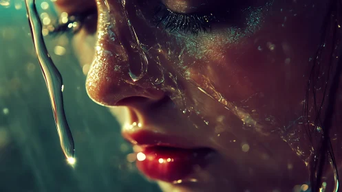 Close-up side profile of wet human face rendered in detail