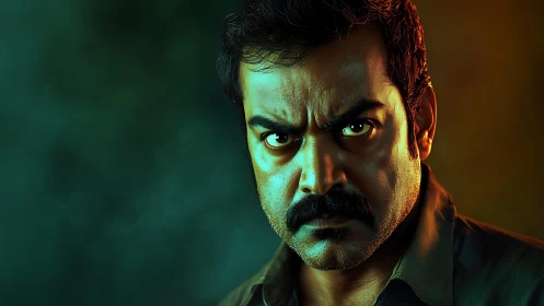 Portrait of intense male face with dual color lighting.