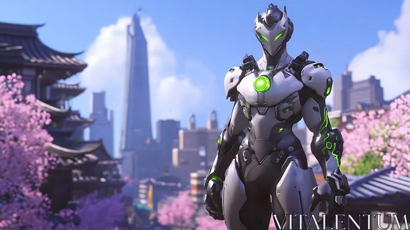 Cyborg combat exosuit stands in cherry-blossom cityscape with HDR lighting