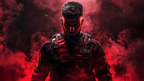 Armored male figure in red illuminated smoke environment.