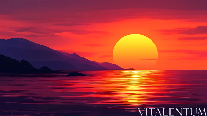 High-saturation digital seascape renders stylized sunset gradients