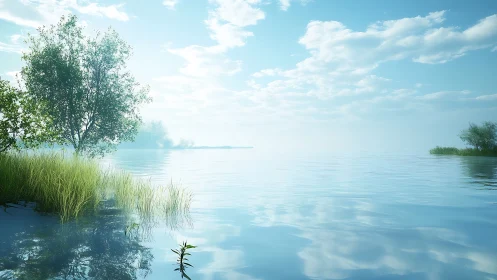 Still lake daydream lets sky and reeds quietly trade places