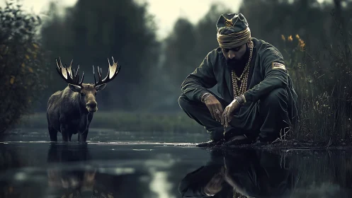 Solitary hunter kneels by moose in misty forest shallows