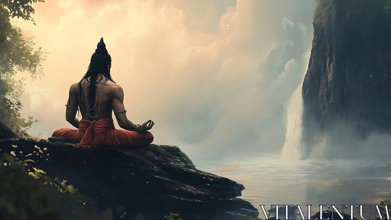 Meditating ascetic on cliff ledge before misty waterfall basin