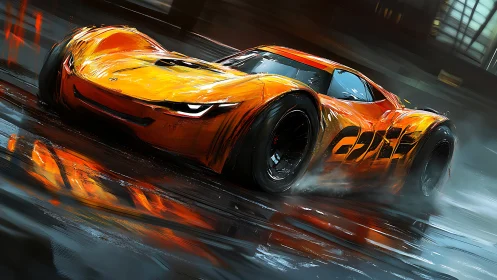 Orange futuristic race car drifting on wet city street.