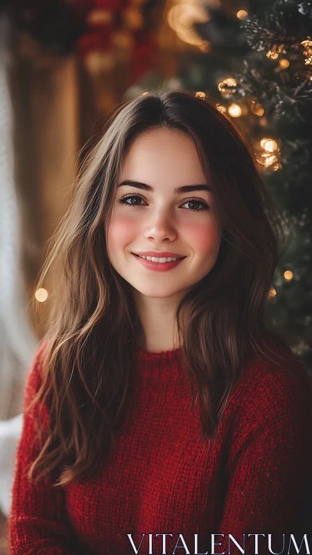 Photorealistic holiday portrait with warm bokeh lighting setup.