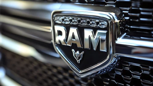 Bold chrome RAM truck emblem shining with confident style.