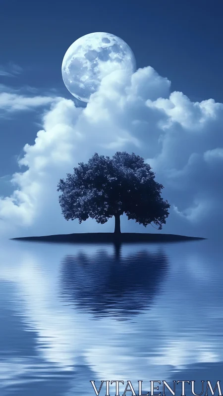 Solitary tree stands on small island beneath enlarged moon