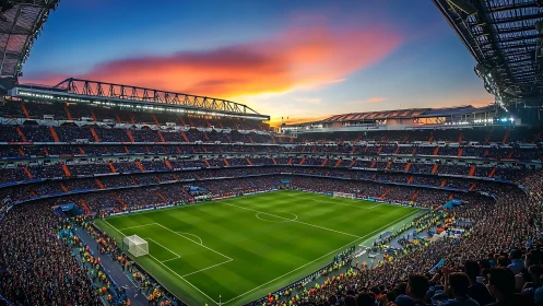 Sunset stadium roars while emerald pitch waits in silence