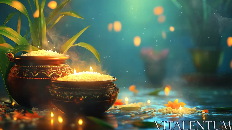 Decorative brass pots with rice and candlelight on water.